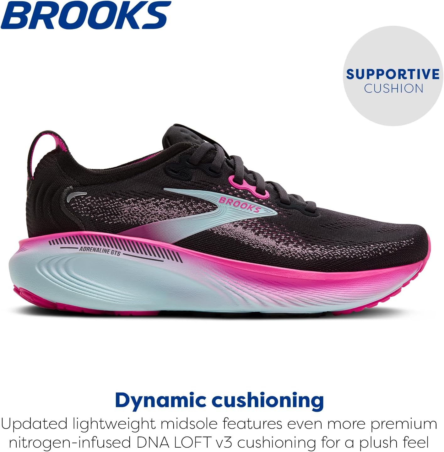 Brooks Women’s Adrenaline GTS 25 Supportive Running & Walking Shoe 6.5 Black/Cyber Pink/Iced Aqua