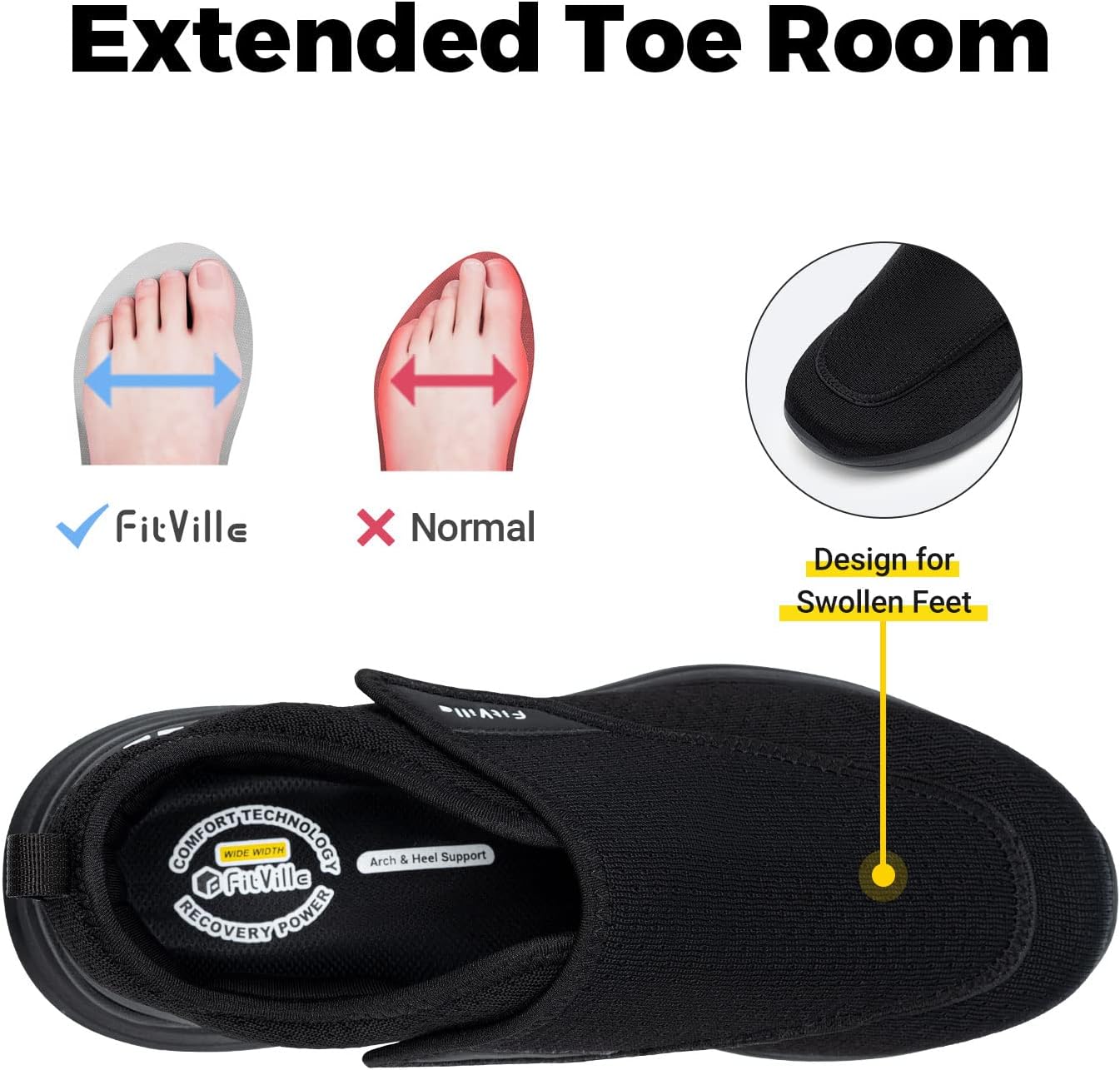 FitVille Diabetic Shoes for Men Extra Wide Slip-on Shoes for Swollen Feet Adjustable Walking Shoes for Elderly Foot Pain Relief Neuropathy - EasyTop Wings 13 XX-Wide Black